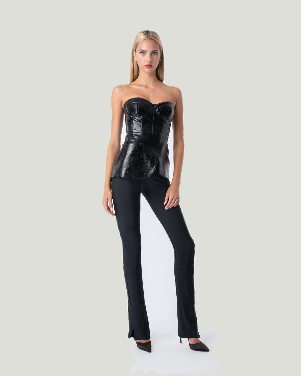 Mademoiselle Ambitious zwarte leatherette bustier met croco-reliëf – foto 3