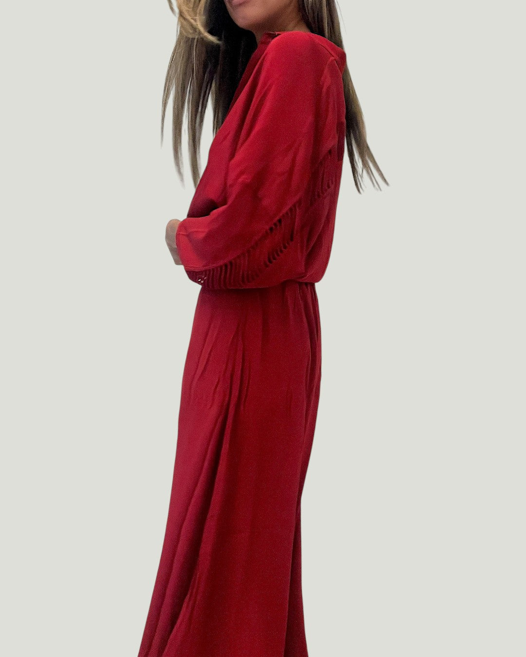 Mademoiselle Ambitious Berry Long Pant, lipstickrode broek met elastische taille en rechte wijde pijp – foto 3