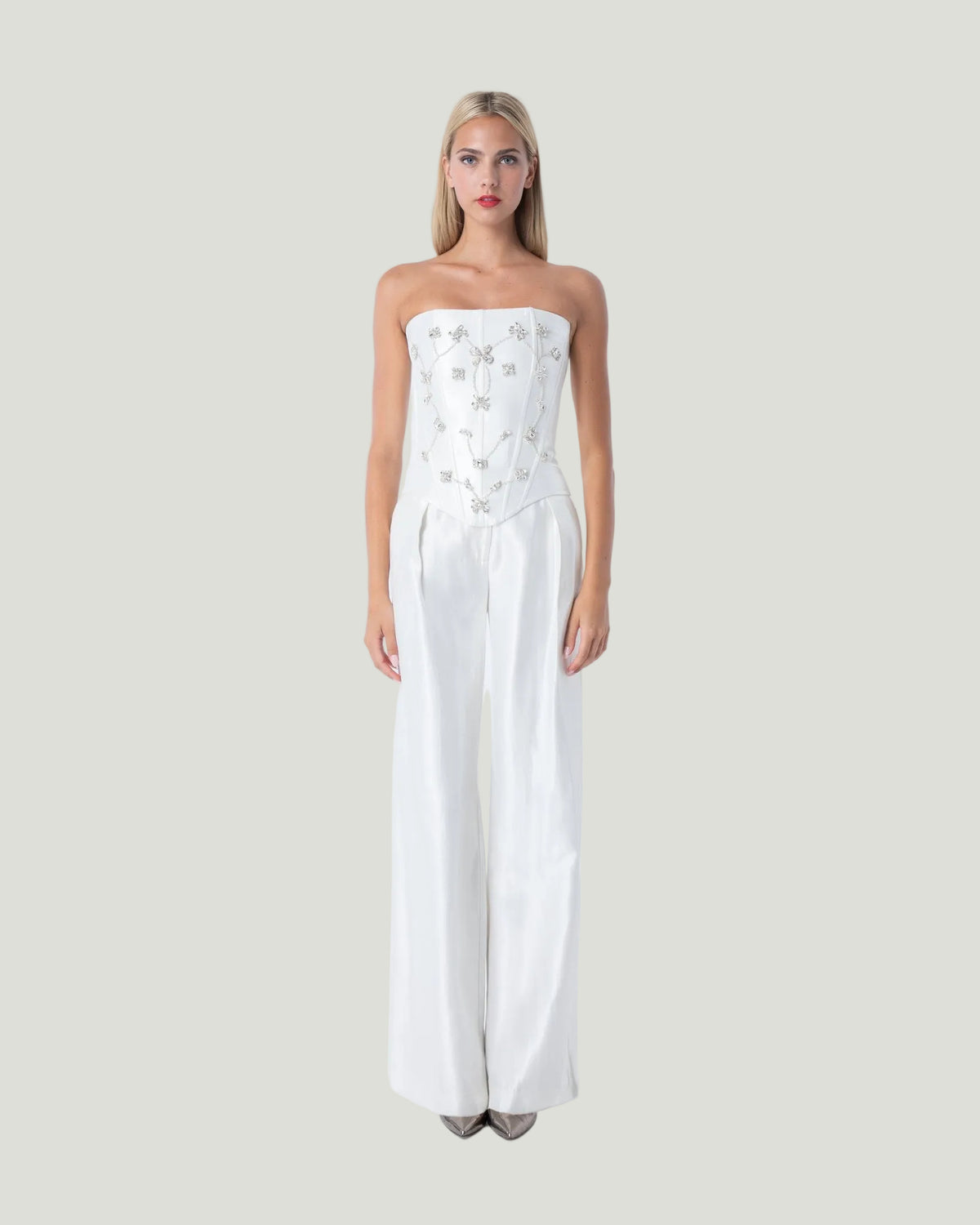 Mademoiselle Ambitious witte handgeborduurde bustier met kristallen bloemen – foto 1