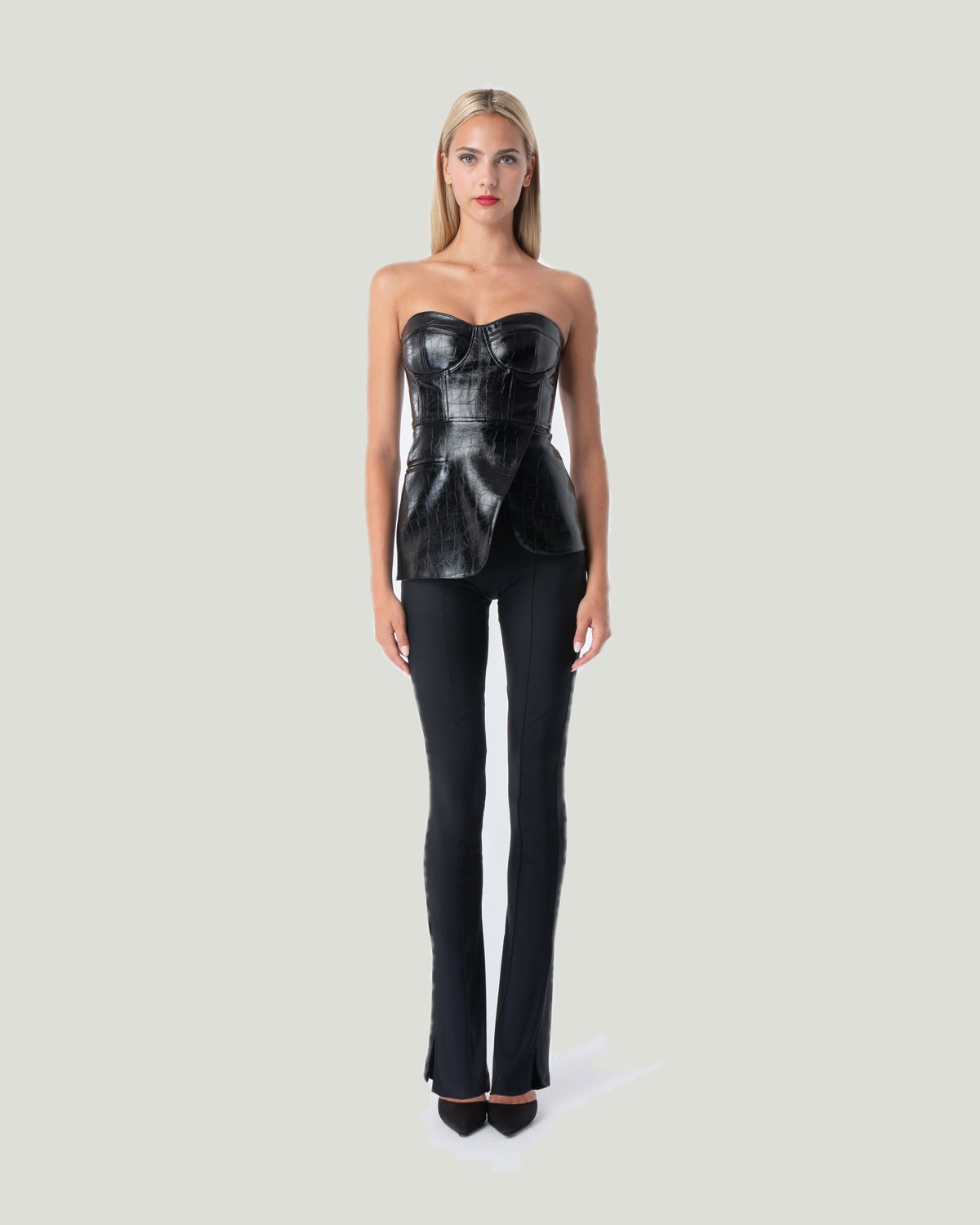 Mademoiselle Ambitious zwarte leatherette bustier met croco-reliëf – foto 4