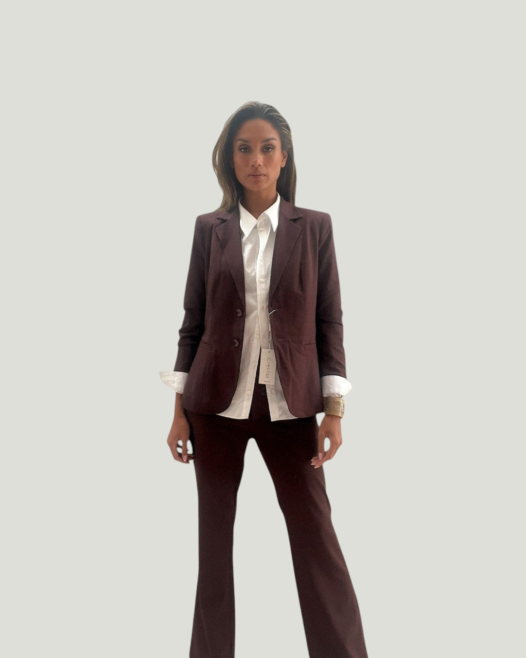 Mademoiselle Ambitious Elle Shirt L/S in wit katoen gedragen onder een donkerbruin damespak voor een klassieke look