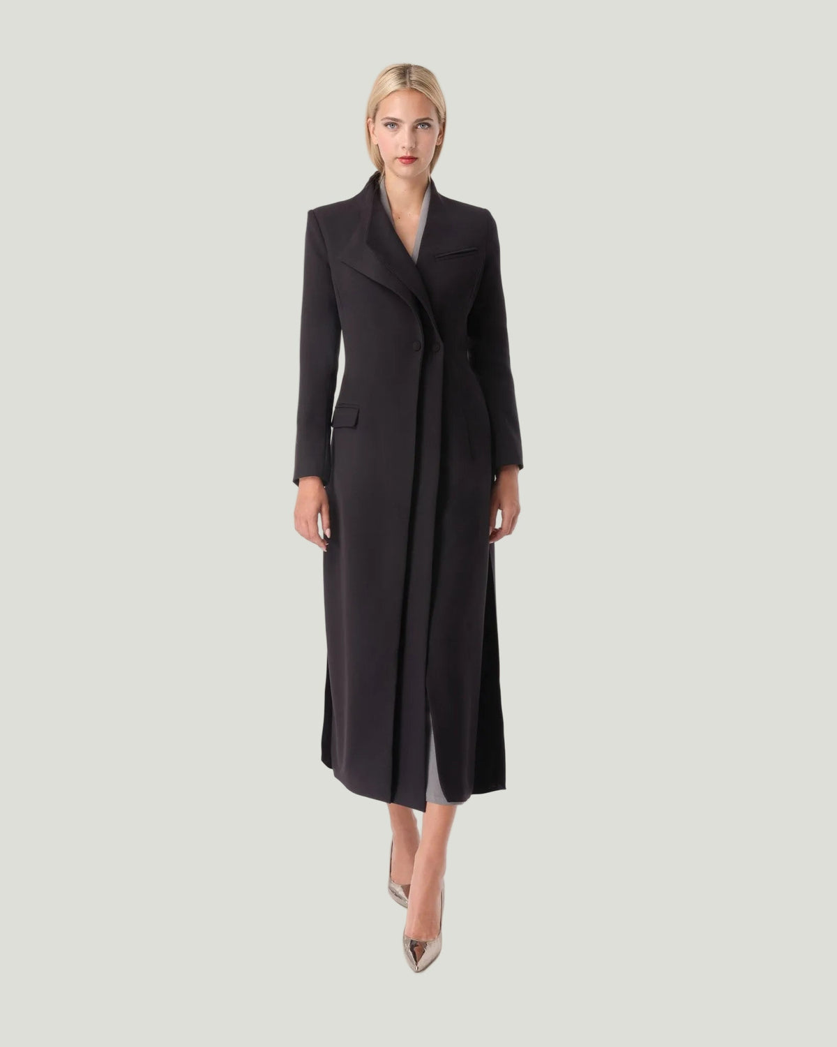 Mademoiselle Ambitious zwarte maxi jas met dubbele kraag – foto 3